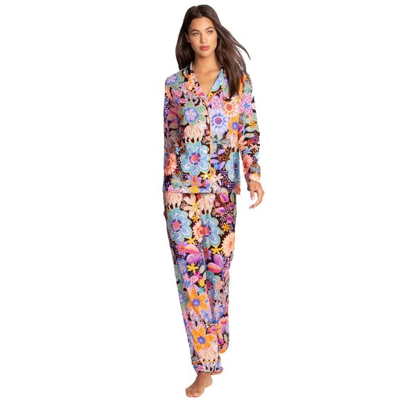 Johnny Was Carly Caetana Pj Set Long Lounge Floral Sleepwear Black Blue 2 pc NEW - Picture 1 of 5